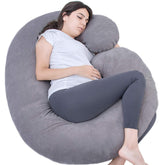 1 MIDDLE ONE pregnancy pillow with dark grey velvet cover shows full-body C-shape for comfort