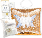 20 Moments of Tooth Tooth Fairy Pillow shows front gold sequins revealing a magical tooth image at bedtime