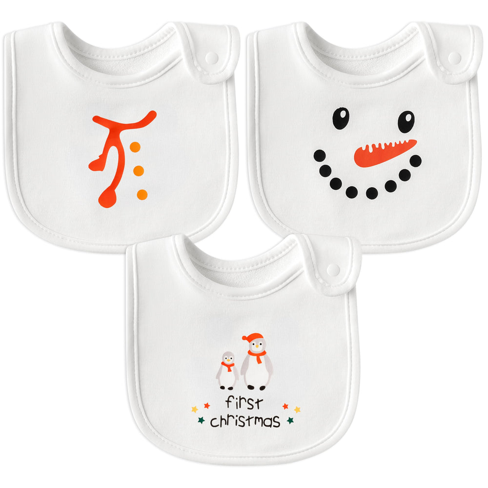 2ooya Christmas bib snowman print closeup keeps baby dry during meals