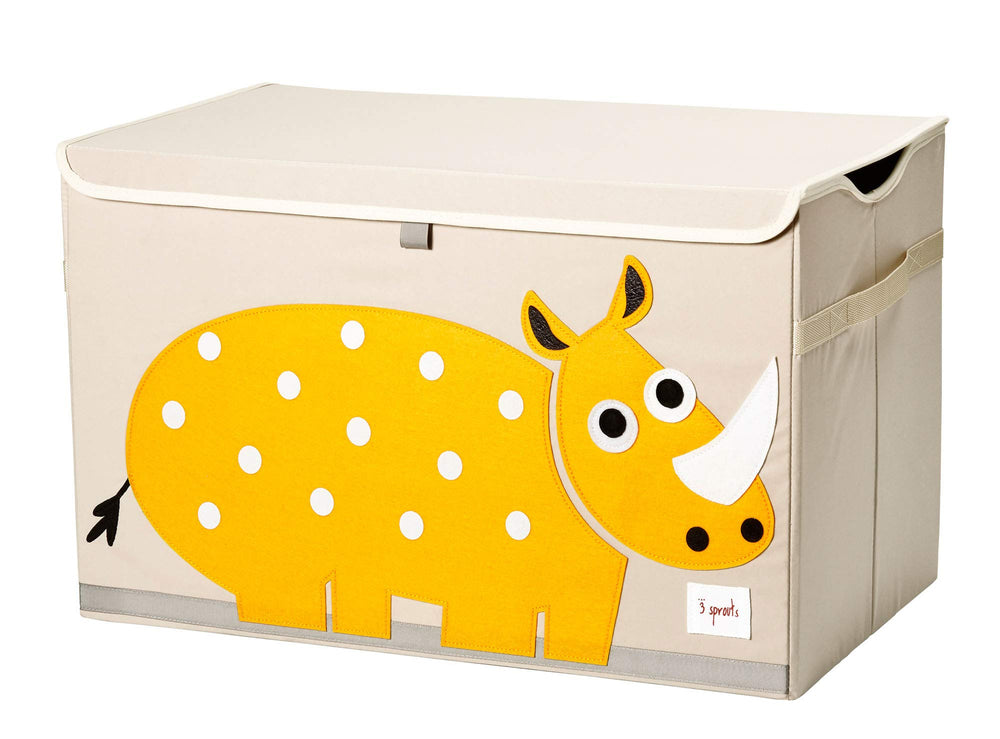 3 Sprouts large toy chest with rhino lid and handles keeps toys organized in the playroom.