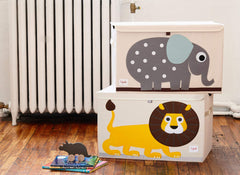 3 Sprouts lion toy chest collapsible design stores flat when not in use.