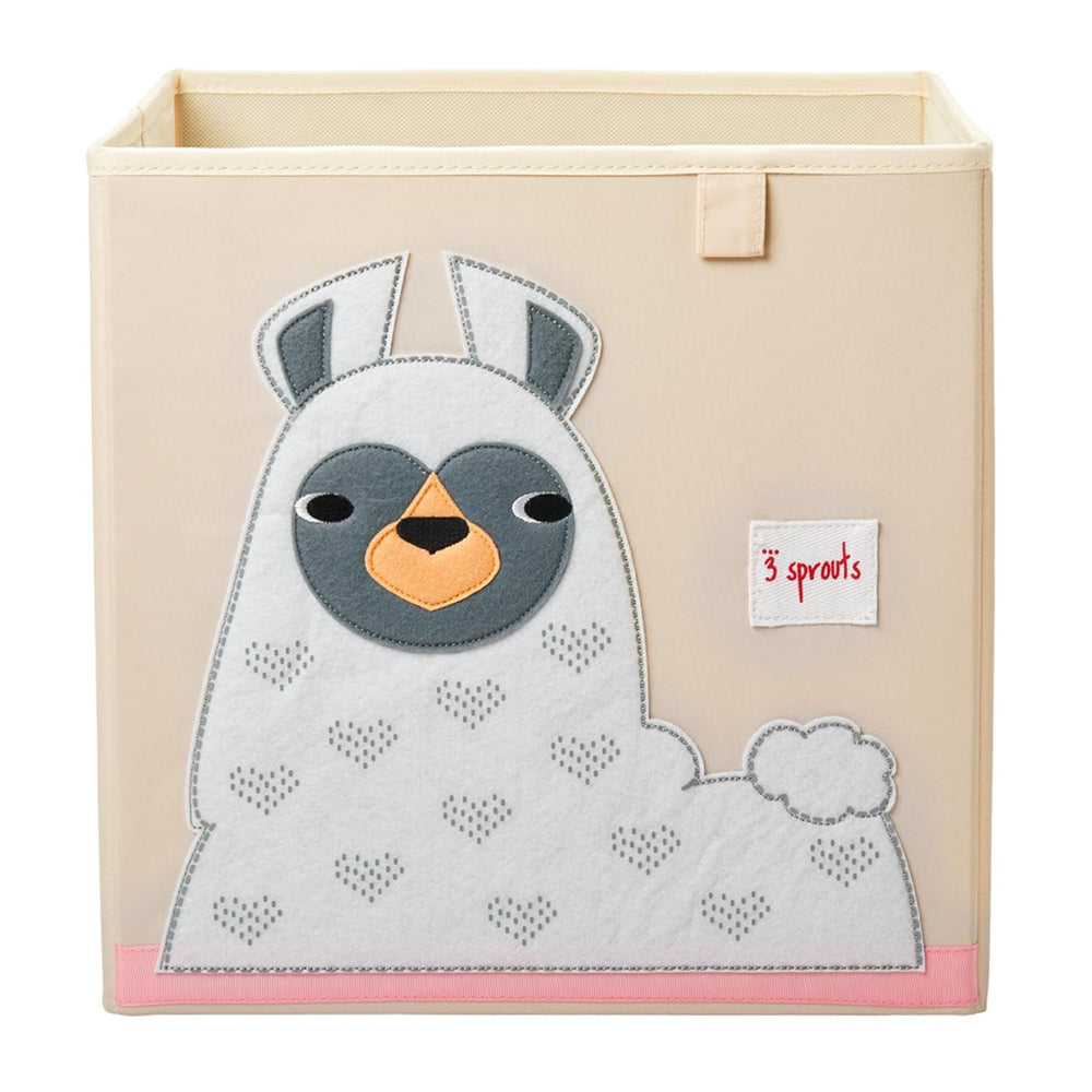 3 Sprouts llama toy storage cube front view showing organized playroom storage.
