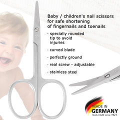 3 Swords Germany baby nail scissors round tip close-up, safe rounded tip reduces accidental nicks during trimming.