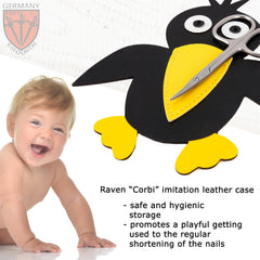 Corbi raven case close-up, charming design encourages gentle nail care routines.