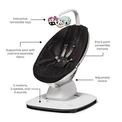 4moms MamaRoo black motion-selection close-up demonstrates five motions for tailored comfort