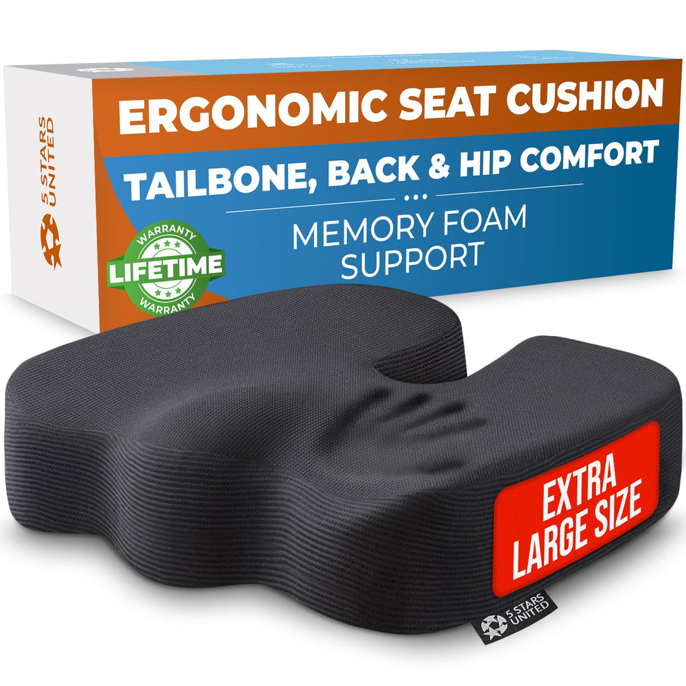 5 STARS UNITED seat cushion front view highlighting coccyx support for long days