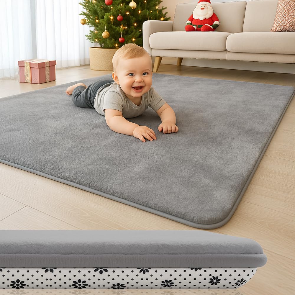 Lansber thick-padded baby floor play mat highlights 1.2-inch foam for soft tummy time