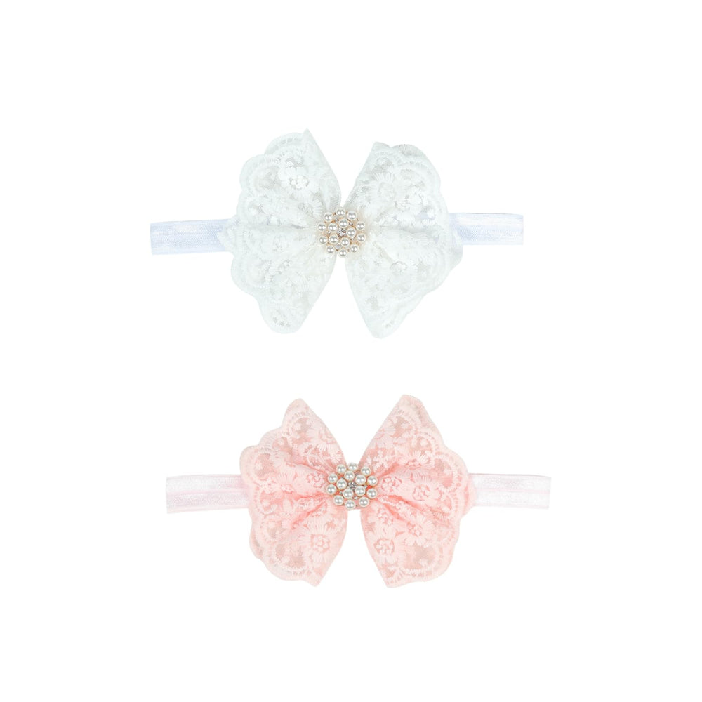 Nishine lace bow headband white pink front view for baby photos