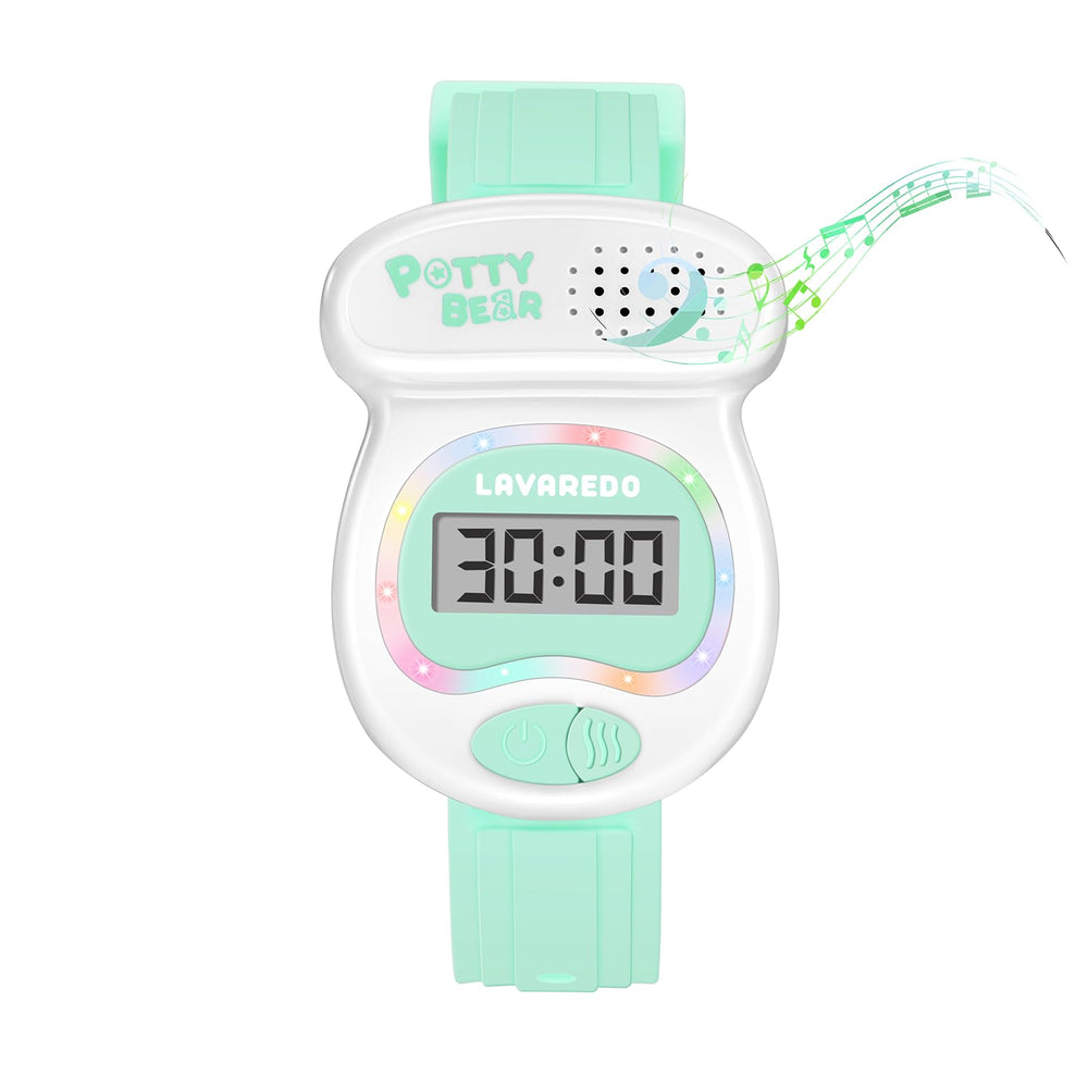 A ALPS kids watch potty timer wrist-shot showing playful toilet shape design and bright colors for routine cues