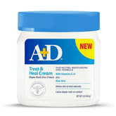 A+D Treat + Heal diaper rash cream jar front showing zinc oxide protection for sensitive skin.