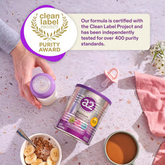 a2 Platinum formula ingredients label highlighting natural purity and absence of palm oil.