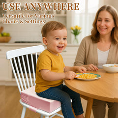 AAAini booster seat pink back straps emphasize secure fit on chairs.