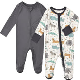 Aablexema baby footed coverall in black-gray animal print for cozy everyday wear.