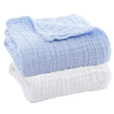 Aablexema Baby Muslin Towels 2-Pack folded white-blue for gentle post-bath warmth