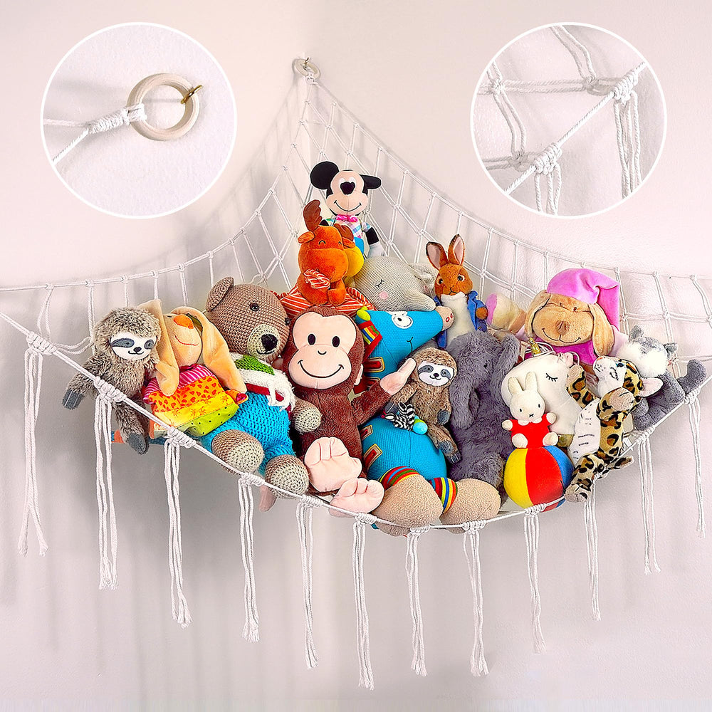 ABBY BABY large stuffed animal hammock corner beige for clutter-free playroom.