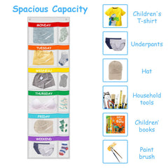 ABCKEY Rainbow Weekly Organizer see-through pockets help locate outfits quickly.