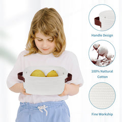 ABenkle decorative white basket with handles adds style while storing small items.