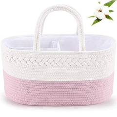 ABenkle diaper caddy pink cotton rope keeps baby essentials organized.
