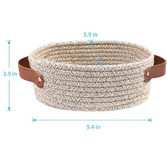 ABenkle mini cotton rope storage keeps cosmetics organized on shelves.