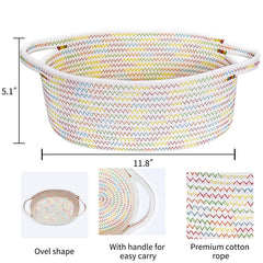 ABenkle rope storage basket on shelf adds colorful decor.