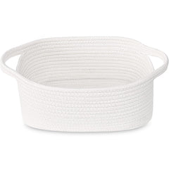 ABenkle small white basket on shelf keeps shelves tidy.