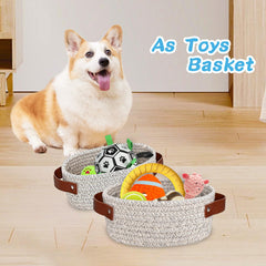 ABenkle small woven basket in nursery ideal for small toys and diapers.