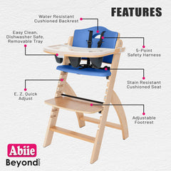 Abiie Beyond Junior high chair shows water-resistant blueberry cushion for easy cleanup