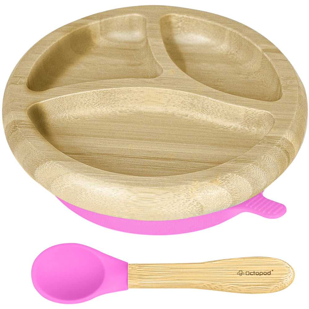 Abiie Octopod bamboo dish top view shows secure suction for mess-free feeding.