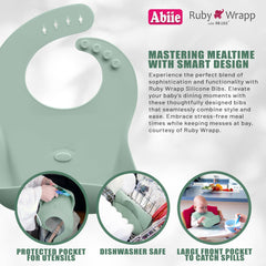Abiie Ruby Wrapp bib front pocket catches crumbs during feeding.
