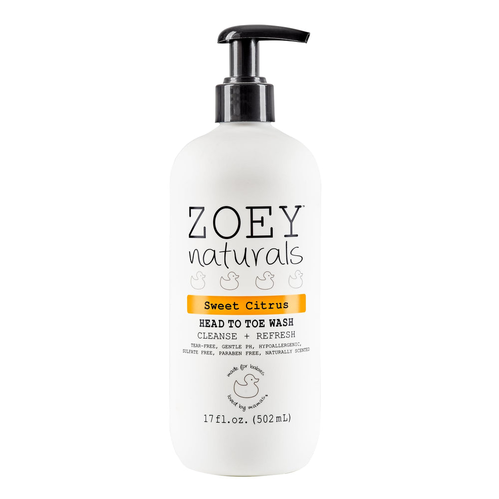 Absolutely Natural Zoey Naturals Sweet Citrus Baby Wash bottle close-up highlighting tear-free cleansing.