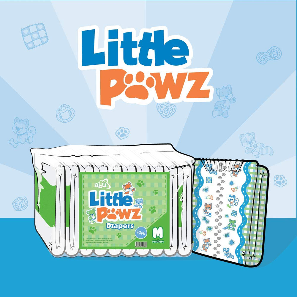 ABU Little Pawz diaper front view highlights plush padding and playful animal print.