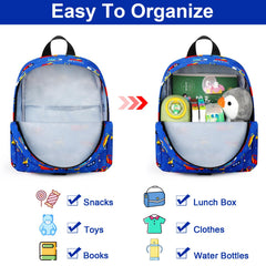 Accmor blue excavator pattern close-up on toddler backpack design