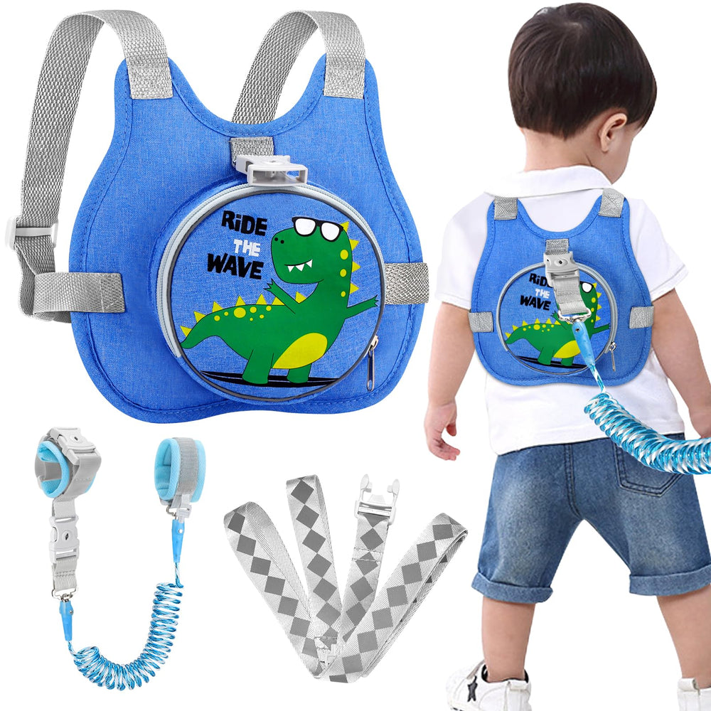 Accmor dinosaur-pattern harness closeup shows comfortable straps for toddlers.