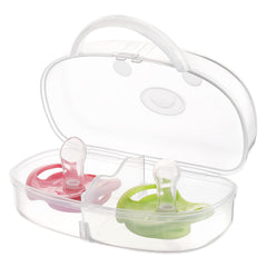 Accmor pacifier case transparent front view shows portable two-pacifier storage.