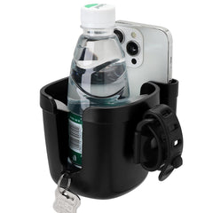Accmor stroller cup holder mounted on handlebar keeps drinks in reach.