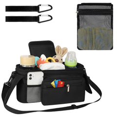 Accmor universal stroller organizer detachable mesh back pocket stores extra diapers or towels for convenience.