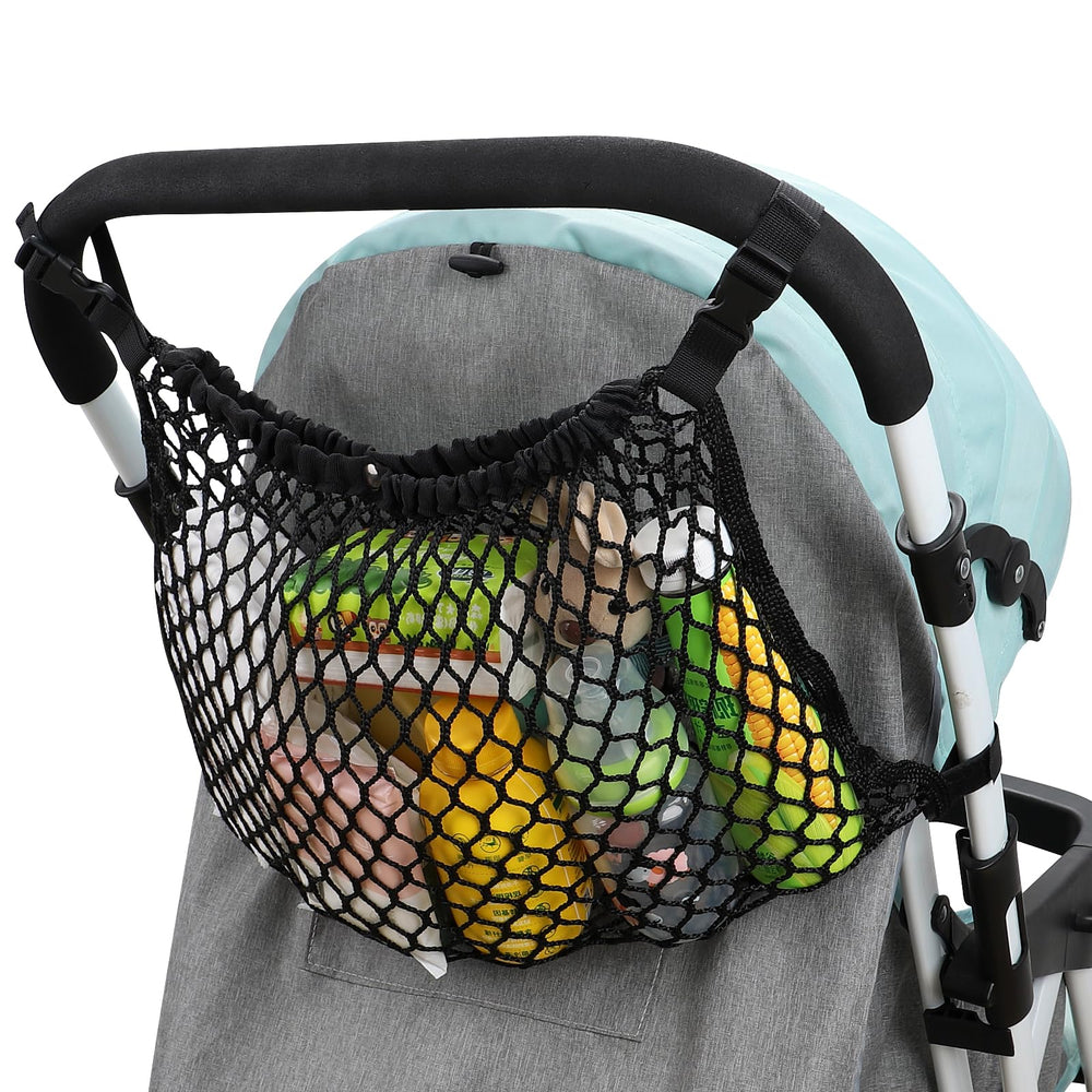 Accmor universal stroller organizer mounted on a stroller with quick-access mesh pockets.