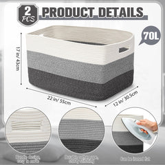 Acellegic storage basket with reinforced handles gradient grey, easy laundry transport.