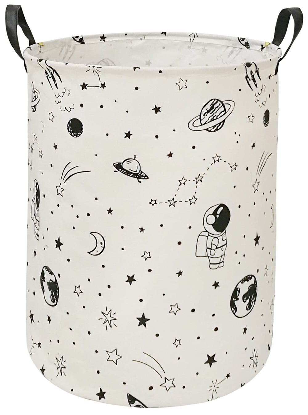 ACMUUNI round laundry hamper with astronaut pattern provides stylish storage for dirty clothes.