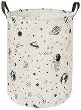 ACMUUNI round laundry hamper with astronaut pattern provides stylish storage for dirty clothes.