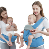 Acumas baby carrier hip seat blue front view showcases ergonomic support for parent and baby