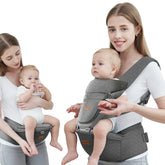 Acumas baby carrier hip seat grey front view showing ergonomic support for caregiver