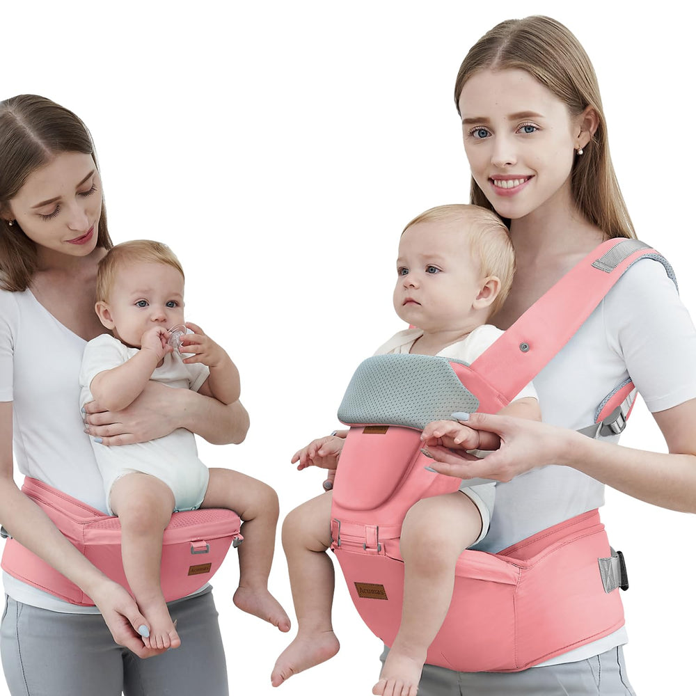Acumas baby carrier hip seat pink front view with ergonomic support for parents.