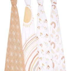 aden + anais four-pack swaddle blankets laid flat to showcase generous 47x47 inch size.