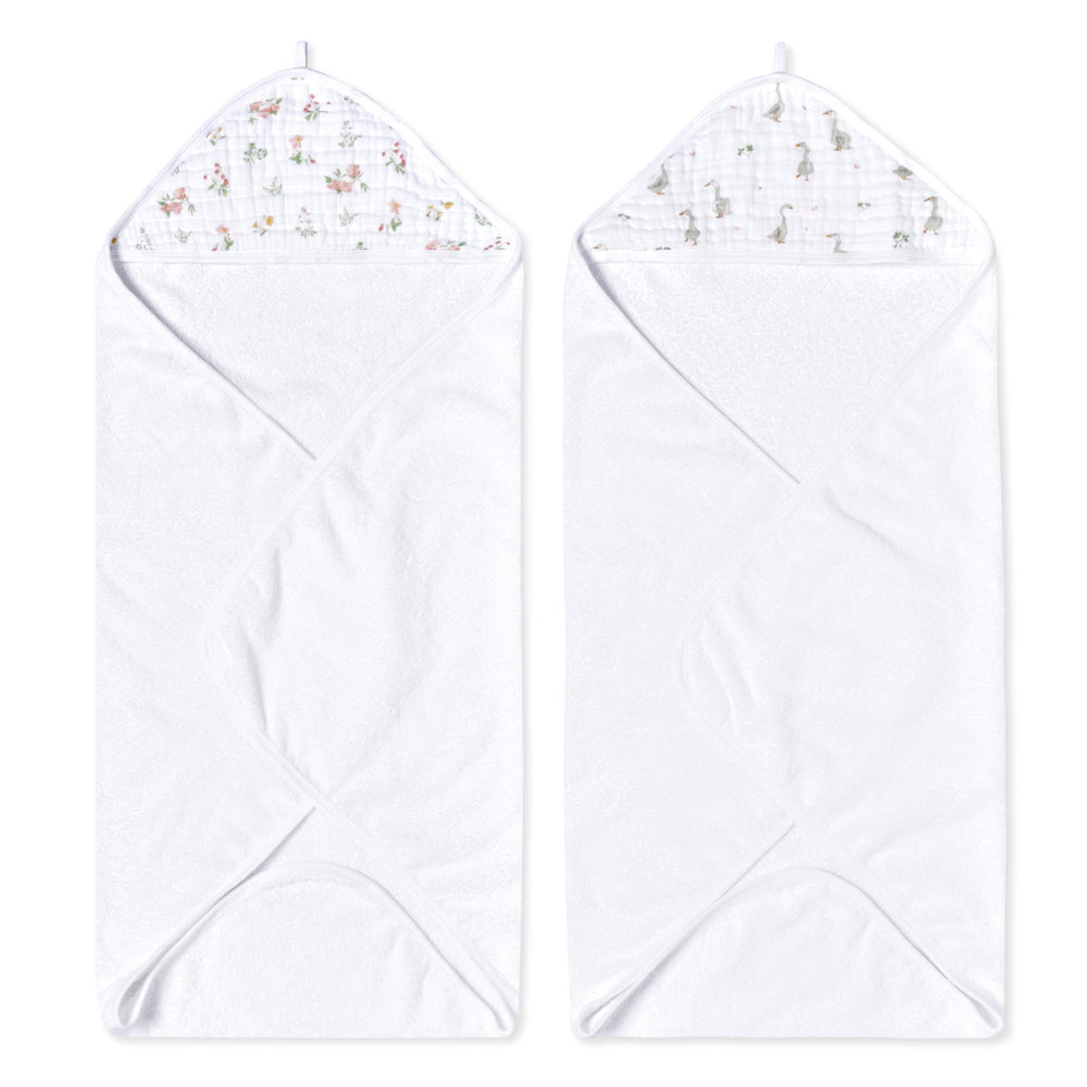 aden and anais Essentials hooded towel Country Floral front view shows plush cotton terry for gentle drying