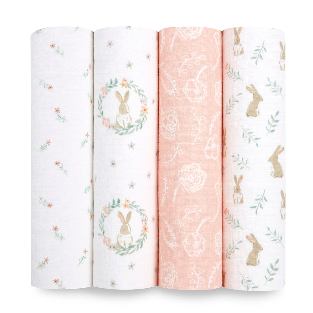 aden + anais Essentials Muslin Swaddle Blanket Blushing Bunnies in breathable cotton for baby comfort.