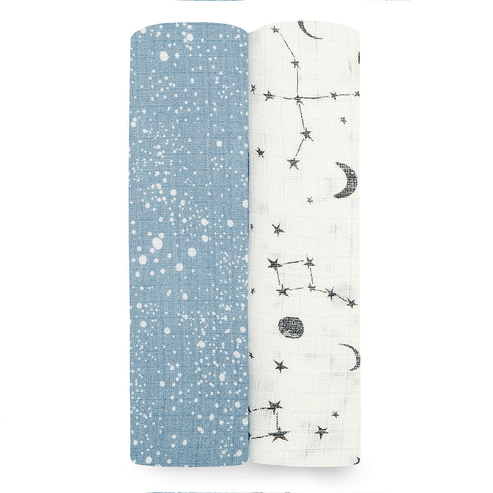 aden + anais Essentials Silky Soft Swaddle Cosmic Galaxy closeup shows buttery softness for baby's skin