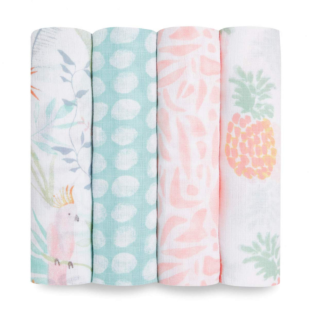 aden + anais Essentials Swaddle Tropicalia blanket folded for a soft newborn wrap