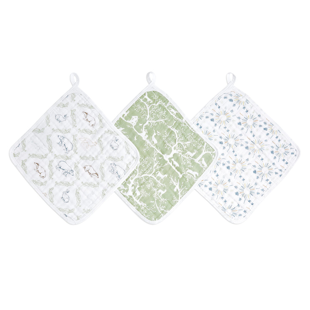 aden + anais Essentials Washcloth 3-Pack flatlay highlighting gentle muslin for baby cleanup