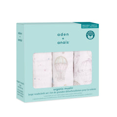 aden + anais Organic Washcloth 3-pack demonstrating oversized 12x12 size for quick cleanups